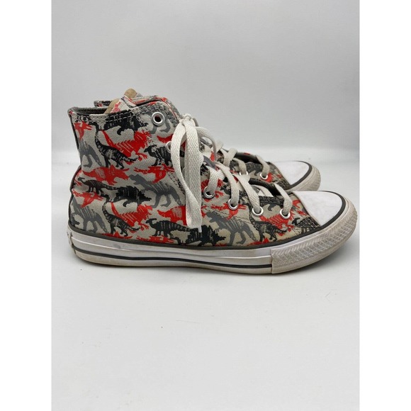 Chuck Taylor‎ Converse Sneakers Junior Sz 5 High Top Dinosaur Print Gray /Red - Picture 3 of 12